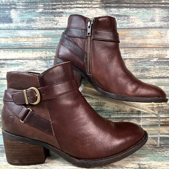 Born Harness Boot Size 8.5M Brown Leather Ankle Block Heel Zip Round Toe Moto - Picture 1 of 12
